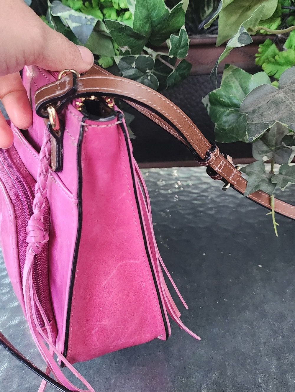 Tignanello Magenta Leather Crossbody with Brown Strap - Picture 6 of 8